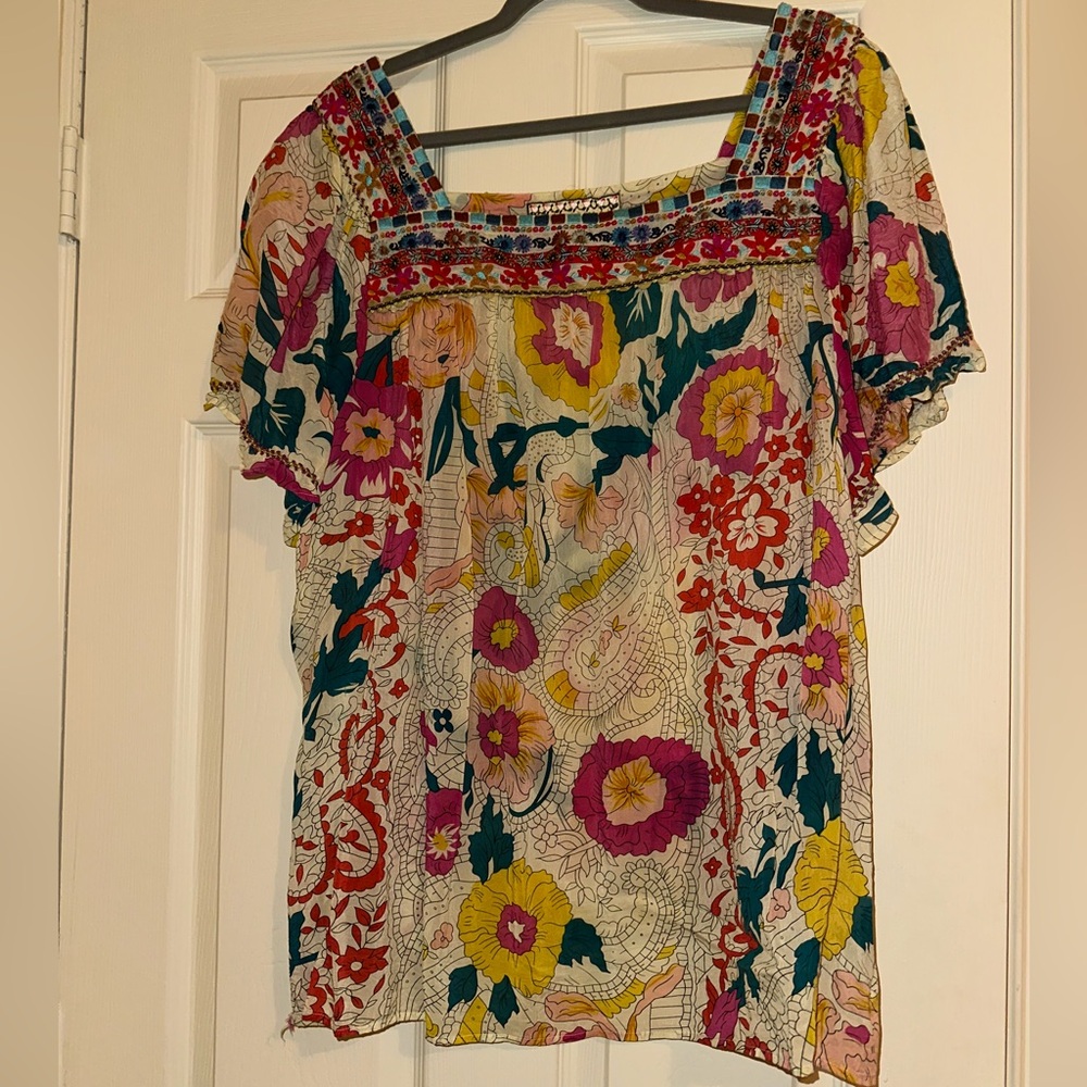 Johnny Was Shirt Womens Pink Yellow Embroidered Blouse Bohemian Peasant